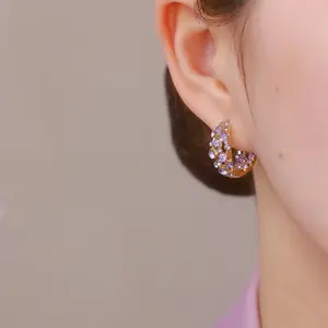 Luxury Violet Purple Full-Diamond Hoop Earrings, Niche Design, High-End Earrings, Exquisite and Ultra-Shiny Ear Accessories E50162-EH