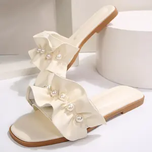 Women's Faux Pearl Flat Sandals Dressy Wedding Slippers for Bride Ruffle Trim Square Toe Summer Vacation Beach Shoes