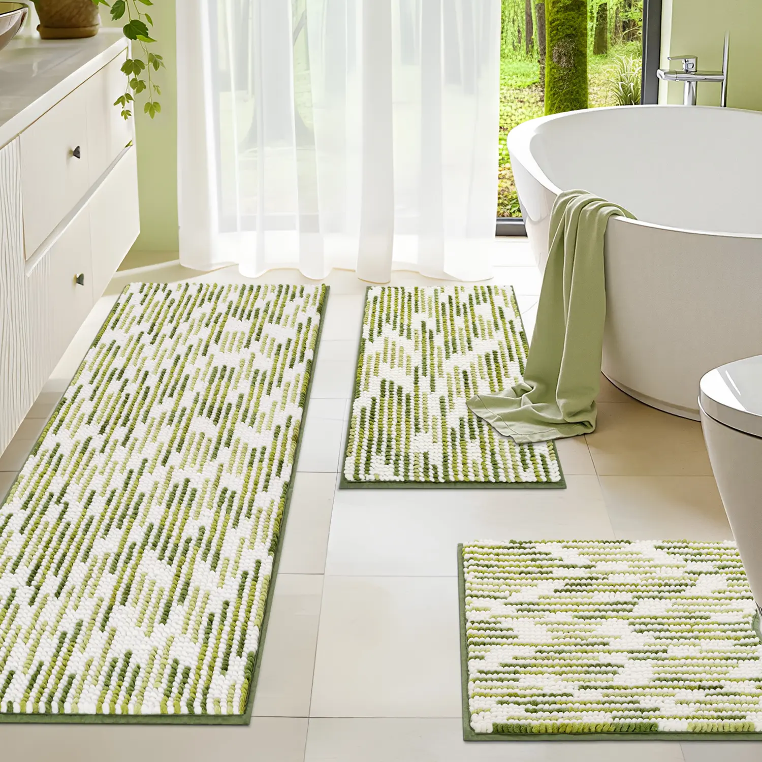 BSICPRO 3-Piece Chenille Bath Rug Set, TPR Non-Slip U-Shaped Toilet Mat, Soft Absorbent Washable Striped Mats for Bathroom Apartment | Pet Friendly Multi Sizes & Colors for Bedroom Dorm Living Room, Back to School Home Decor Essentials