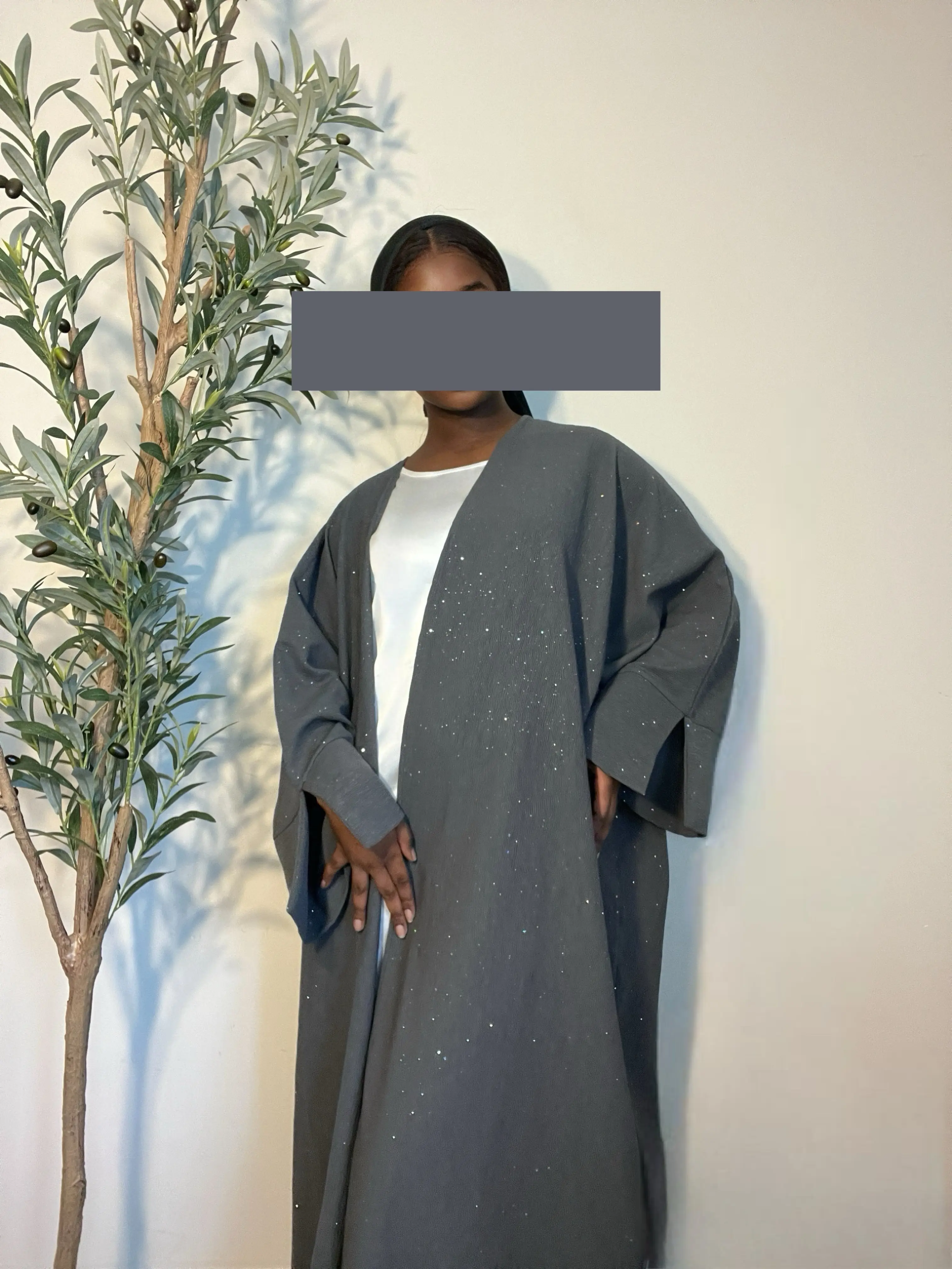 Hasna Sparkly Glitter Open Abaya- Grey