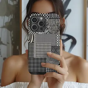 Monochromatic Patchwork Collage Phone Case, Mixed Patterns Premium Film 2 in 1 Phone Case - Durable, Shock Absorbing and Stylish Protection - Compatible with iPhone 16, 15, 14, 13, 12, 11, Plus, Pro, Pro Max, Perfect birthday gift for friends.