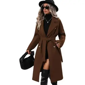 Women’s long wool pea coat trench coat with notched lapels, double-breasted design, warm winter overcoat with belt — women’s outerwear jackets