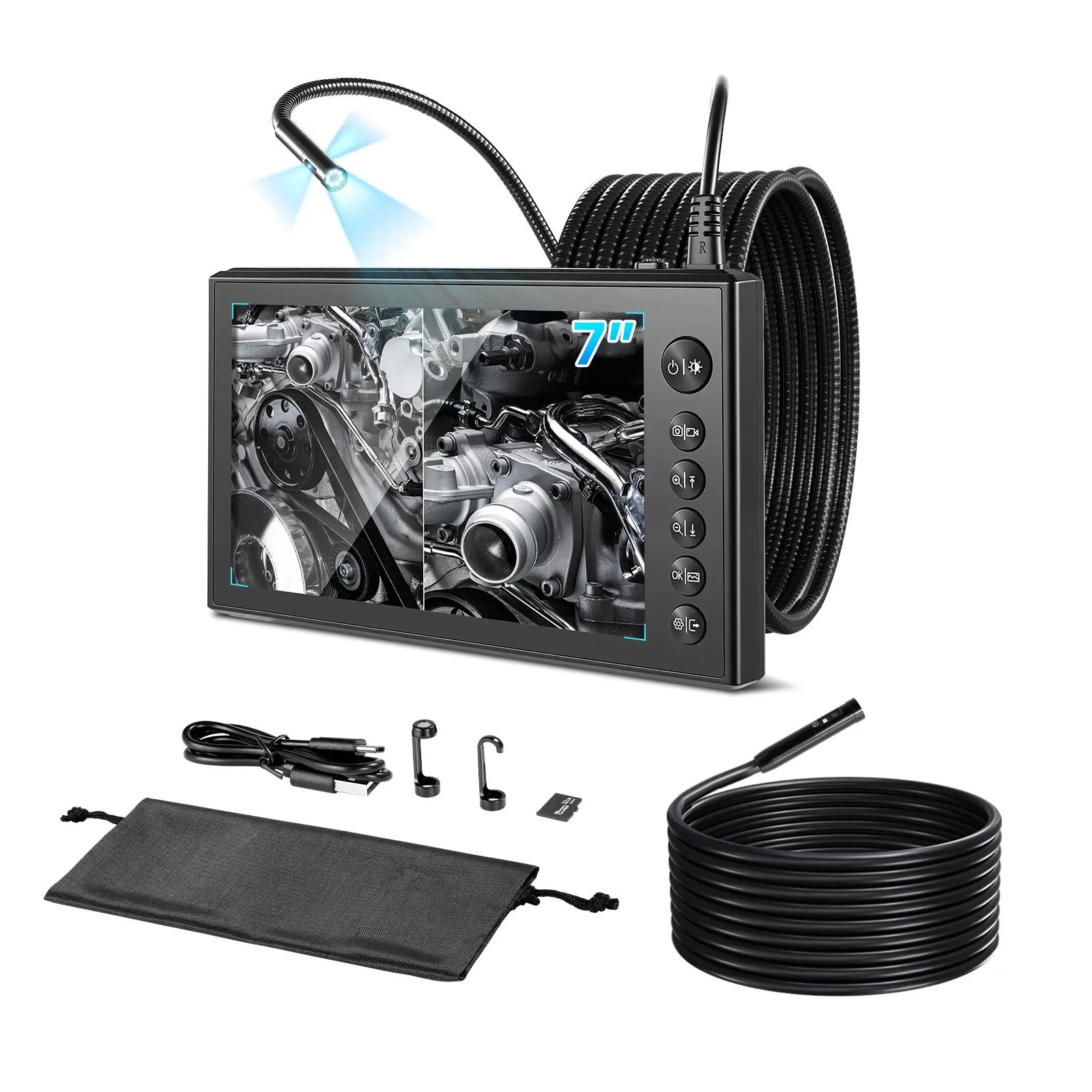 VEVOR Triple Lens Endoscope with Dual-Cable Setup, Industrial Borescope with Light, 7" HD IPS Spilt-Screen, 8 + 2 LEDs, 8X Zoom, IP67 Waterproof Snake Camera for Auto, Plumbing (16.4FT + 9.8FT Cables)
