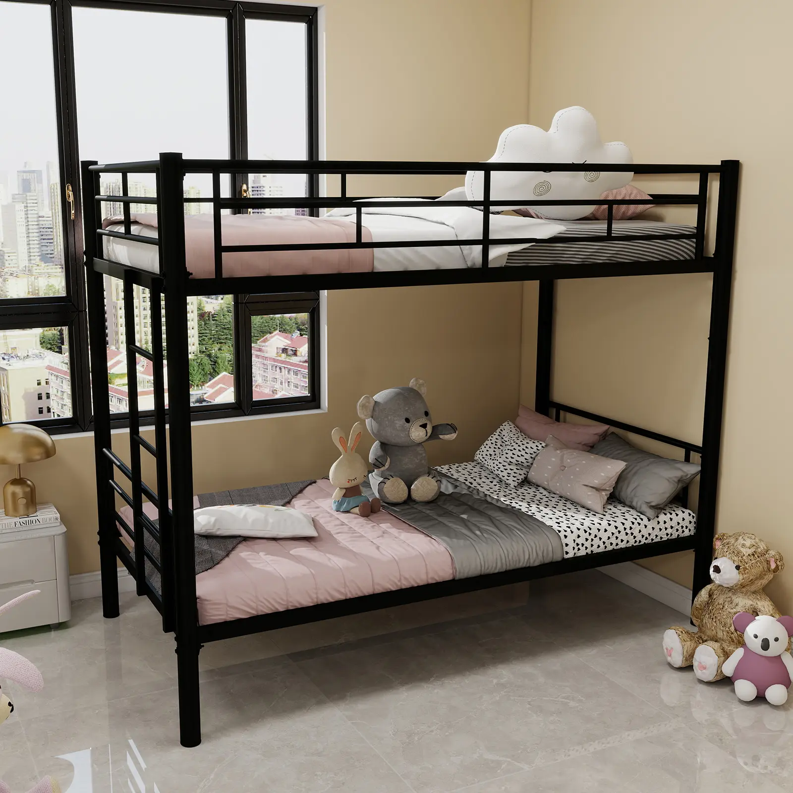 Heavy-Duty Metal Bunk Bed Twin Over Twin with Ladder & Full Guardrail, Convertible 2 Beds, 400 lbs Capacity, Noise Free, No Box Spring, Black
