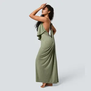 Halara V Neck Backless Tie Back Ruched Maxi Resort Slip Dress