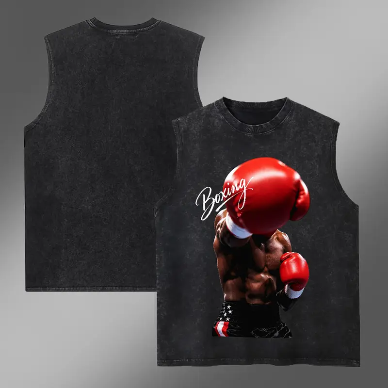 Men's Classic High GSM Cotton Loose-Fit Distressed Retro Heavyweight Boxing Legend 90s Graphic Print Sleeveless Vest - Draped Fabric, Text & Numbers Print, Multi-Size Including 4XL-5XL, Menswear Streetwear Vintage Tops