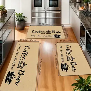 Coffee Bar Kitchen Rugs Set, Non-Slip Washable Floor Mats, "Coffee Bar OK But First Coffee" Print Runner Carpets for Kitchen, Coffee Bar & Farmhouse Decor