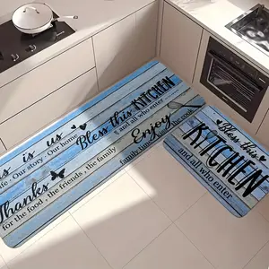 2/3pcs Set European Style Blue Kitchen Mat, European Luxury Text Kitchen Mat, Kitchen Mat Non-Slip Area Running Mat, Modern Country Kitchen Decoration, Flannel Material Non-Slip Soft fashion mixed color
