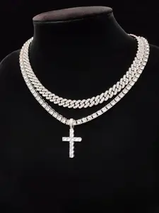 Luxury Artificial Zircon Cross Pendant Necklace & Rhinestone Cuban Chunky Chain Necklace, Sparkly Hip Hop Iced Out Bling Bling Punk Necklaces for Party Decor