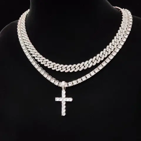 Luxury Artificial Zircon Cross Pendant Necklace & Rhinestone Cuban Chunky Chain Necklace, Sparkly Hip Hop Iced Out Bling Bling Punk Necklaces, Statement Jewelry for Party Decor