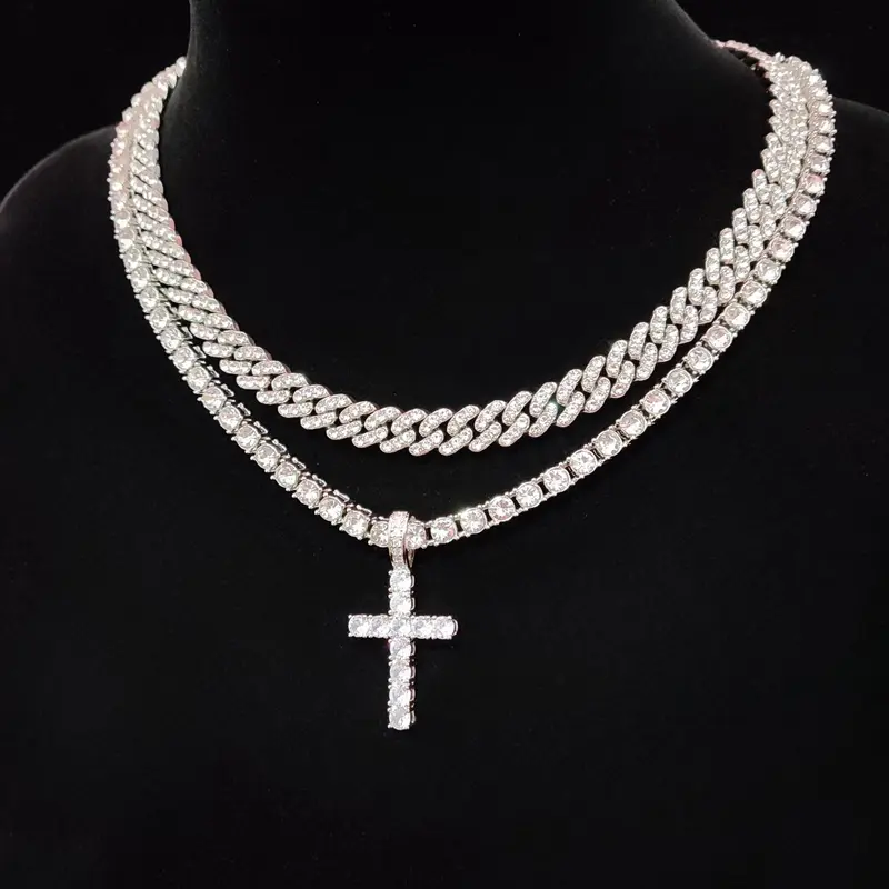 Luxury Artificial Zircon Cross Pendant Necklace & Rhinestone Cuban Chunky Chain Necklace, Sparkly Hip Hop Iced Out Bling Bling Punk Necklaces, Statement Jewelry for Party Decor