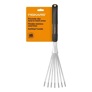 Fiskars Xact Hand Rake, Heavy Duty Gardening Hand Tool with Ergonomic Handle and Hanging Hole for Storage, Stainless Steel Head and Tines, Perfect for Maintaining a Raised Garden Bed