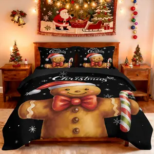 3-Piece Gingerbread Man Print Christmas Bedding Set, Fashion Design, Soft Comfortable, Includes 1 Fitted Sheet & 2 Pillowcases