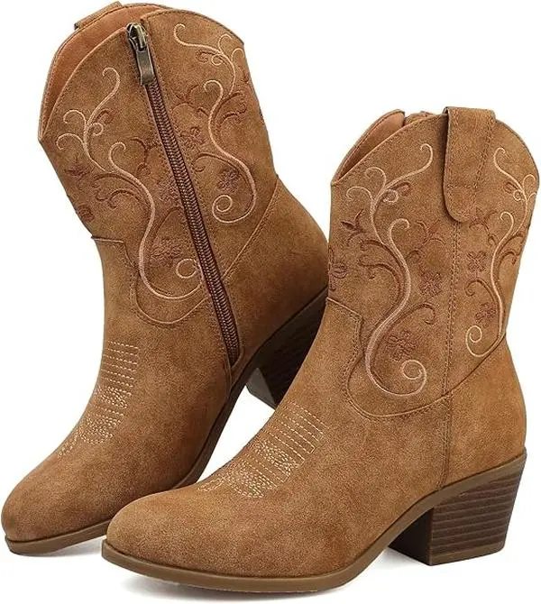 Women's Western Cowboy Ankle Boots, Embroidered Cowgirl Short Boots with Side Zipper, Pointed Toe Casual Western Shoes for Women