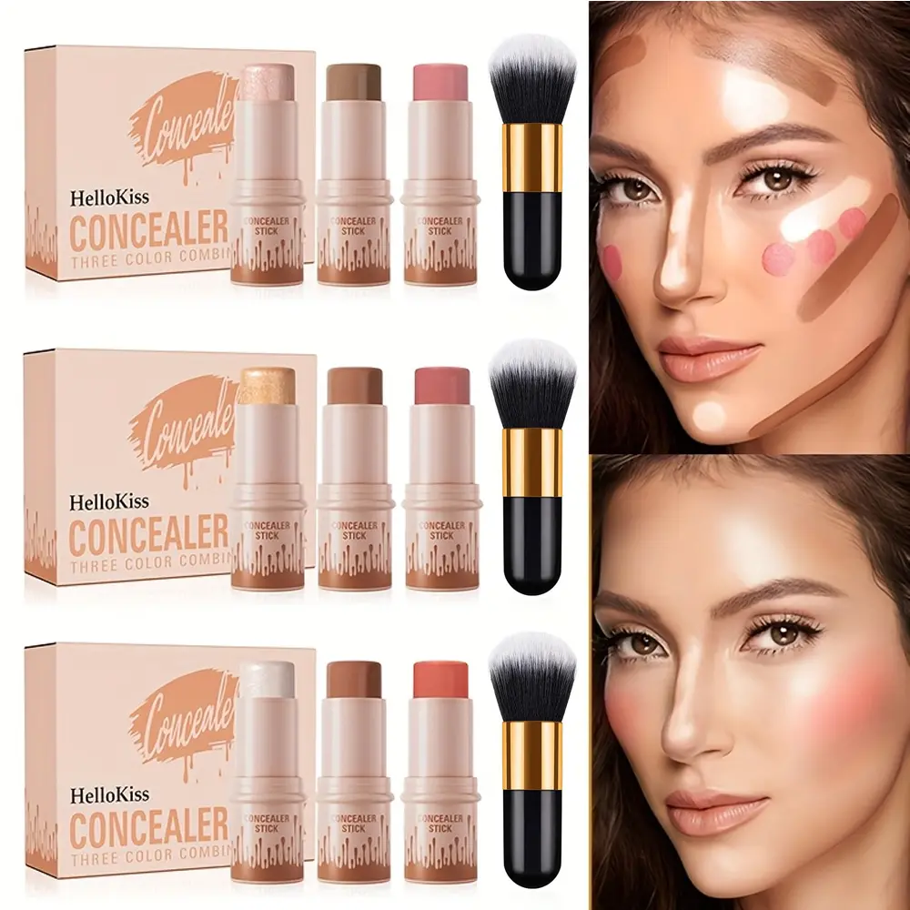 Hellokiss 3-Piece Cream Makeup Gift Set, Beauty Glow Set - Beauty Cosmetics Waterproof Blush, Highlighter & Multi-Balm Stick with Brush, Buildable Medium Coverage with Plant-Derived Squalane, Flawless Festive Look for Halloween, Christmas