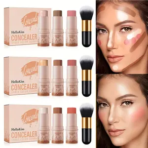 Hellokiss 3-Piece Cream Makeup Set - Waterproof Blush, Highlighter & Multi-Balm Stick with Brush, Buildable Medium Coverage with Plant-Derived Squalane, Flawless Festive Look for Halloween, Thanksgiving & Christmas, Beauty Cosmetics