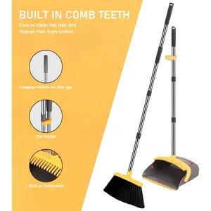 2-Pack is More economical,Brooms with Dustpan Combo Set， with 52" Long Handle, Dustpan Teeth with self-Cleaning Function, Indoor and Outdoor Sweeping, Perfect for Home Office (Large/Yellow/ 2-Pack)