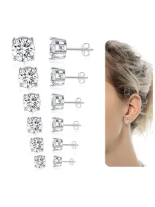 6 Pairs 20G Stainless Steel Stud Earrings Square Cubic Zirconia Earring Set For Men Women 3MM-8MM Silver Tone Studs Earrings