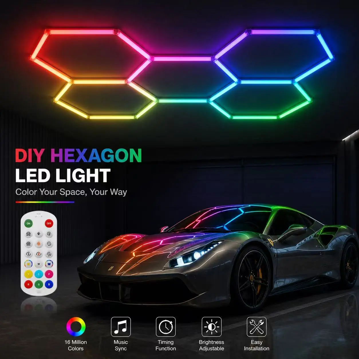Nextop RGB Hexagon Smart Modular Honeycomb LED Light - Remote Control, Music Sync, DIY Color, Adjustable Brightness for Garage, Office, Ceiling Wall Decor