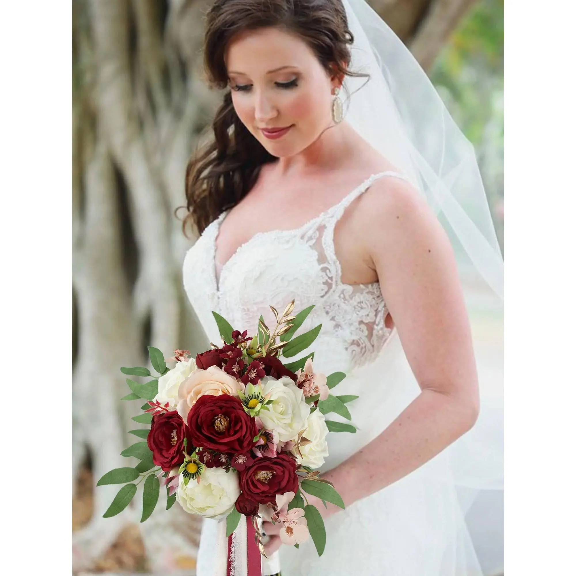 Rinlong 9-in Wide Wine-Inspired Berry-Hued Jewel Tone Burgundy Silk Cosmos & Oncidium Wedding Bridal Bouquet, Decorative Home & Festive Party Supply