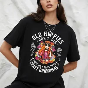 Women's Casual T-Shirt - 'Old Hippies Are Not Dead' White Tee with Floral & Peace Sign, Machine Washable, Hippie Clothing