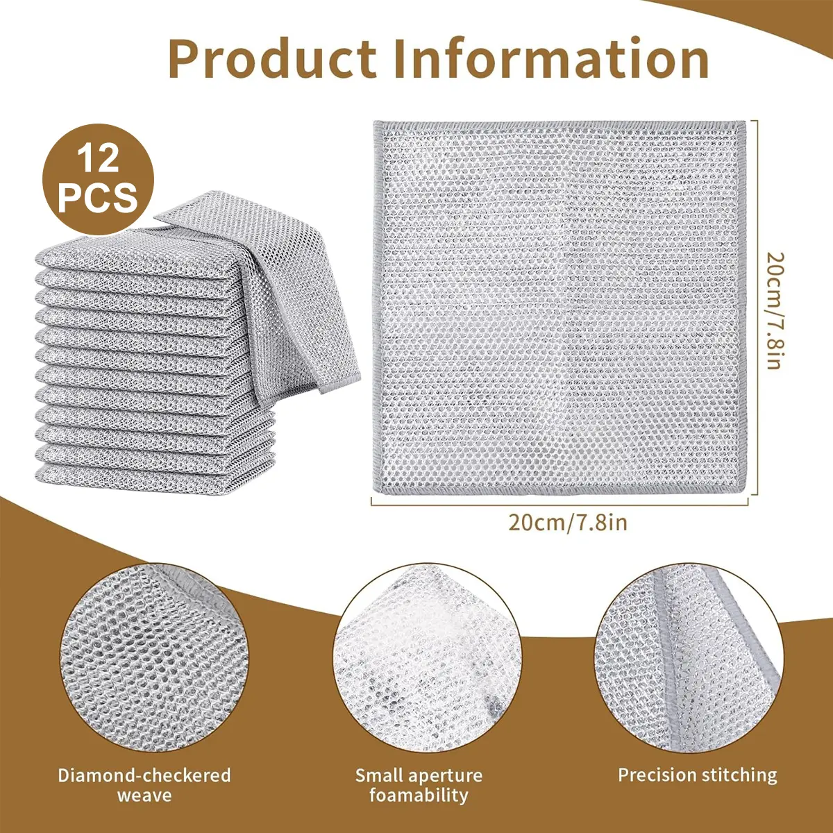 12PCS Multipurpose Wire Dishwashing Rags, Wet & Dry Stainless Steel Mesh Cleaning Cloth, Reusable Metal Scrubber for Kitchen Dishes