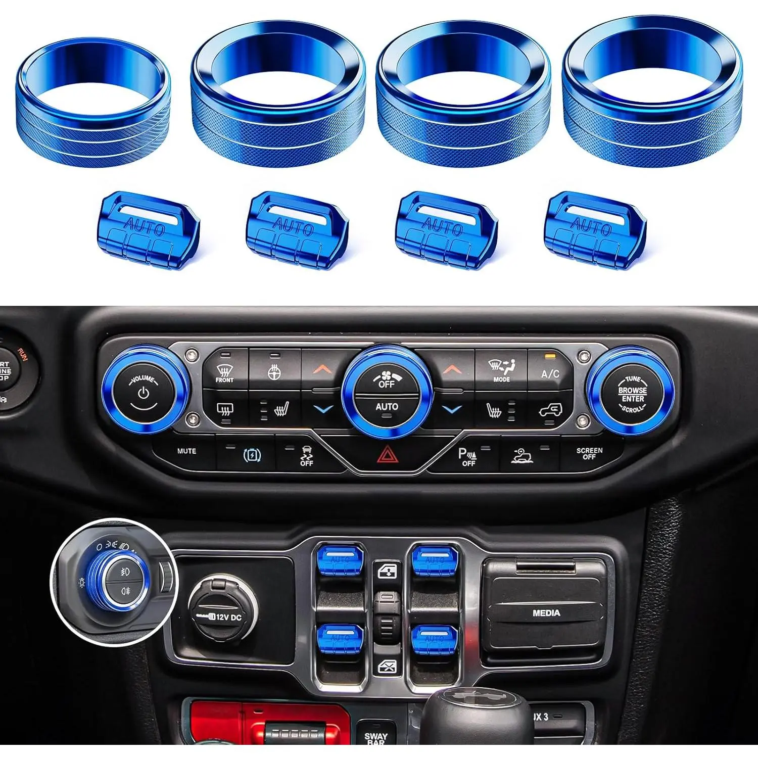 8PCS Metal Button Knob Cover for Jeep Wrangler JL JLU 2018-2025 2026 & Gladiator JT Accessories Window Switch Button Cover Volume Radio Air Conditioner Headlight Switch Knob Cover (Blue)