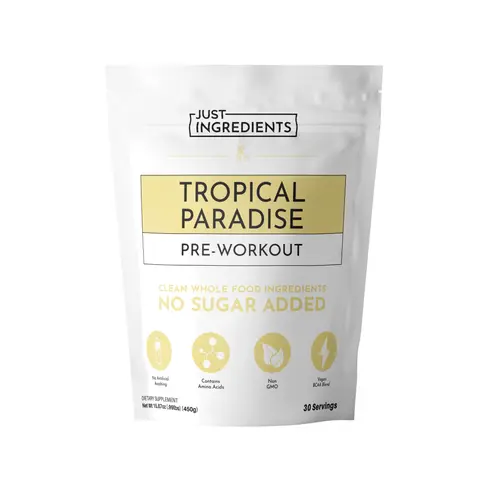Just Ingredients Tropical Paradise Pre-Workout - 30 Servings - Supports Performance, Energy & Focus - 150mg Caffeine per Serving - BCAA Blend, Beta Alanine, Citrulline Malate, Ginseng, Maca Root, Taurine