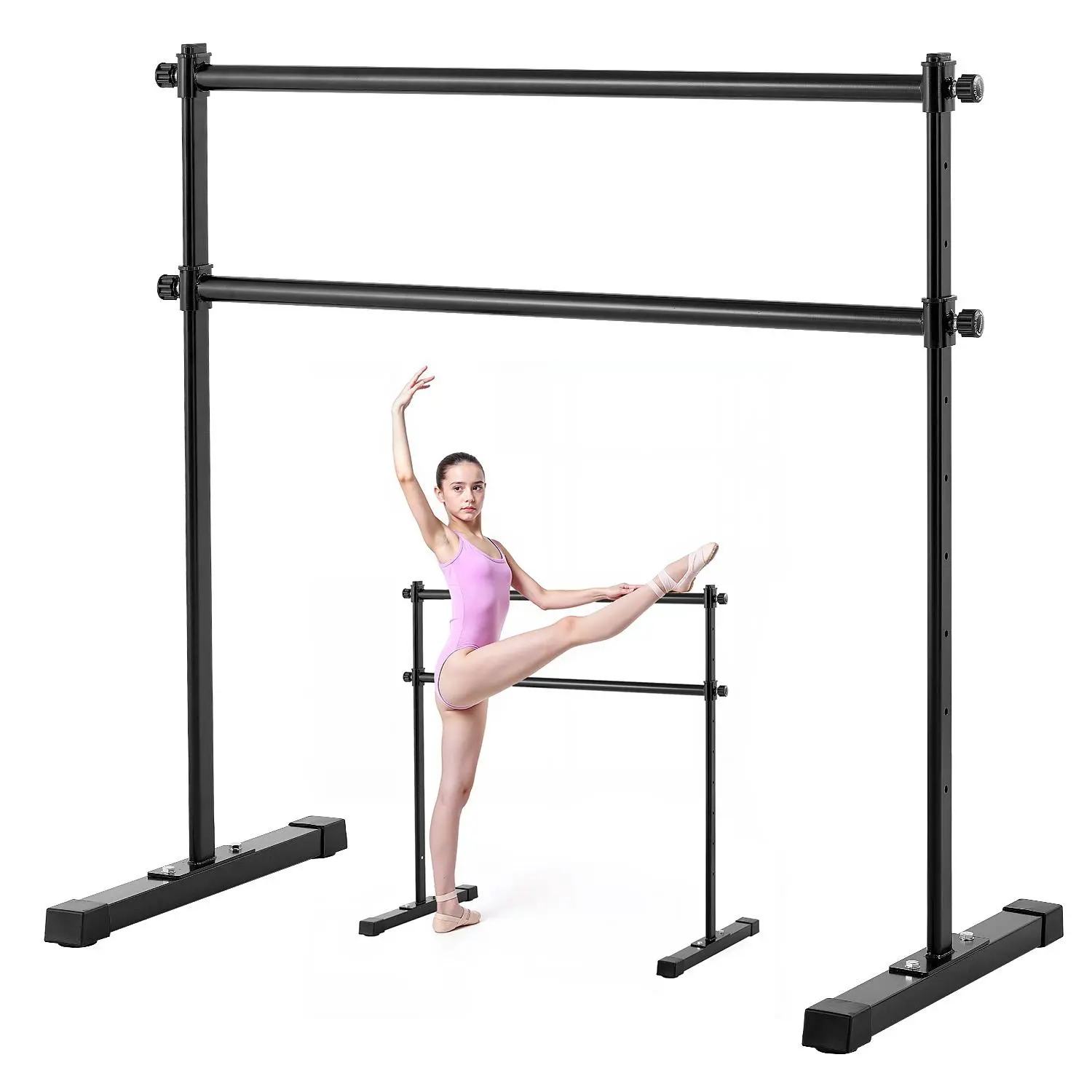 4 ft Double Ballet Barre, Freestanding Portable Powder-Coated Steel Frame with 10-Level Height Adjustment and Anti-Wobble Base for Home Dance Fitness & Pilates, Height-Adjustable