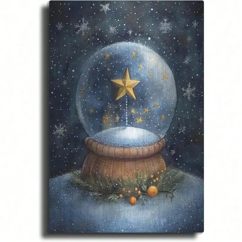 Vintage Aluminum Christmas Globe Wall Art with Snow Blue Star for Holiday Home Decor 24 by 36 Inch