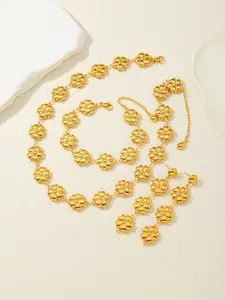 18k Gold Plated Stainless Steel Petal Jewelry Set, High-End Summer New Arrival, Includes Necklace, Bracelet, Earrings