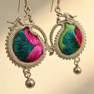 Handmade Luxury Hmong Miao Earrings |     Artisanal Embroidered Silver Ethnic Dragon Dangle Earrings