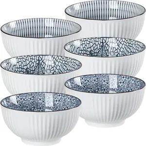 6 Inch Blue and White Porcelain 30 oz Bowls Set of 6 for Soup, Cereal, desserts, ice cream and Rice - Mixing