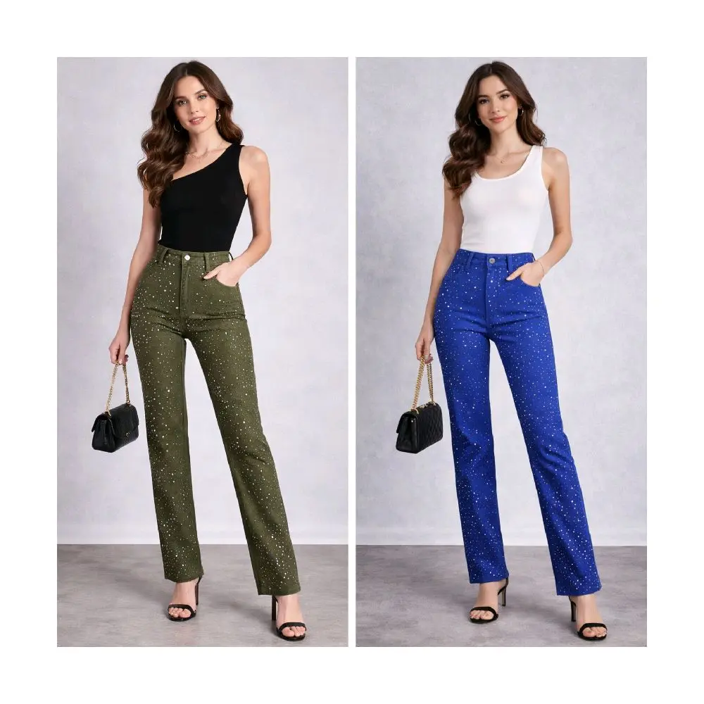 Women's Pants - Green & Blue, High Waist, with glitter on the front.