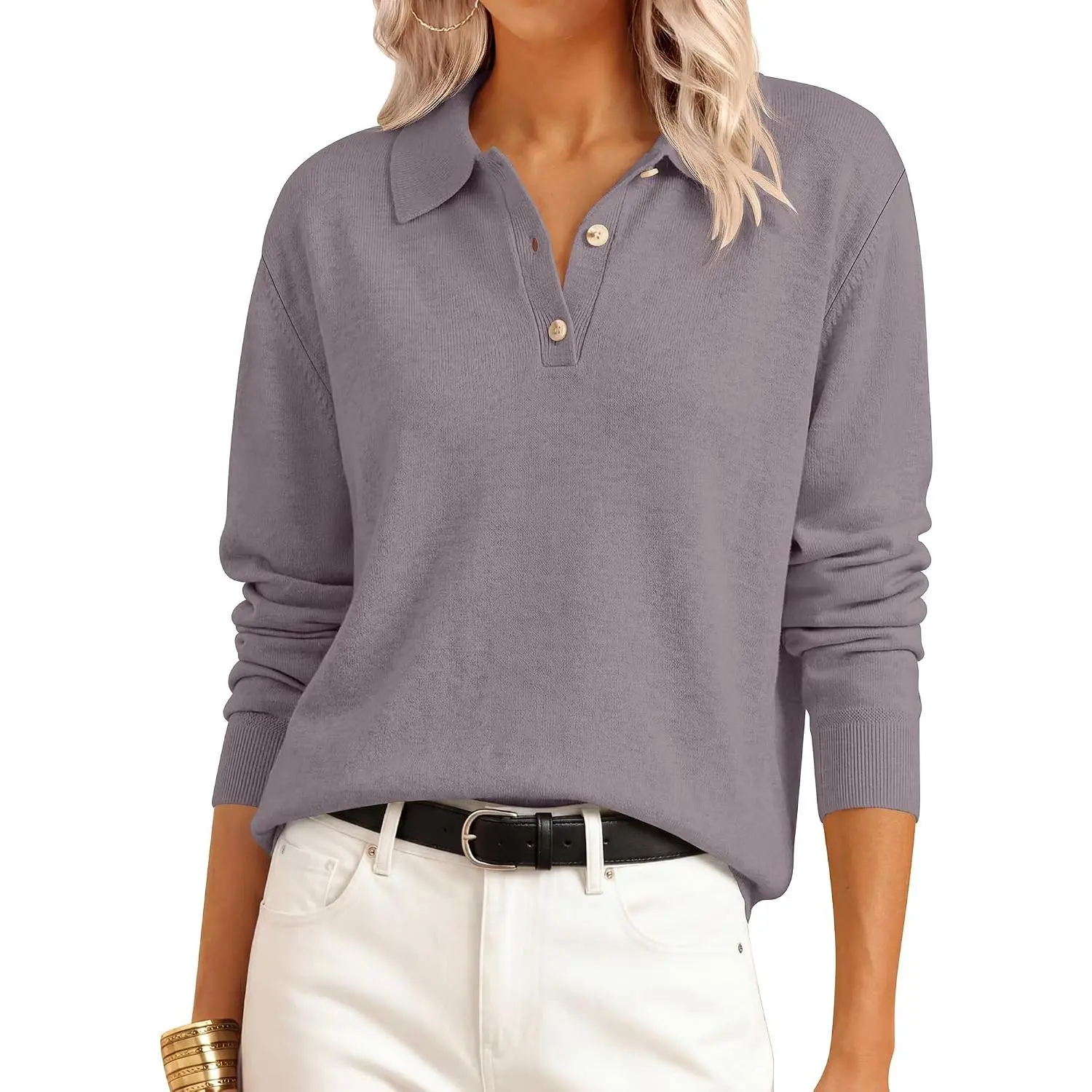 ANRABESS Sweaters for Women Polo Collared Knit Pullover | Long Sleeve V Neck Button Shirt, Soft Lightweight Cozy Fabric, Business Casual Office Work, Fall Winter Dressy Wear
