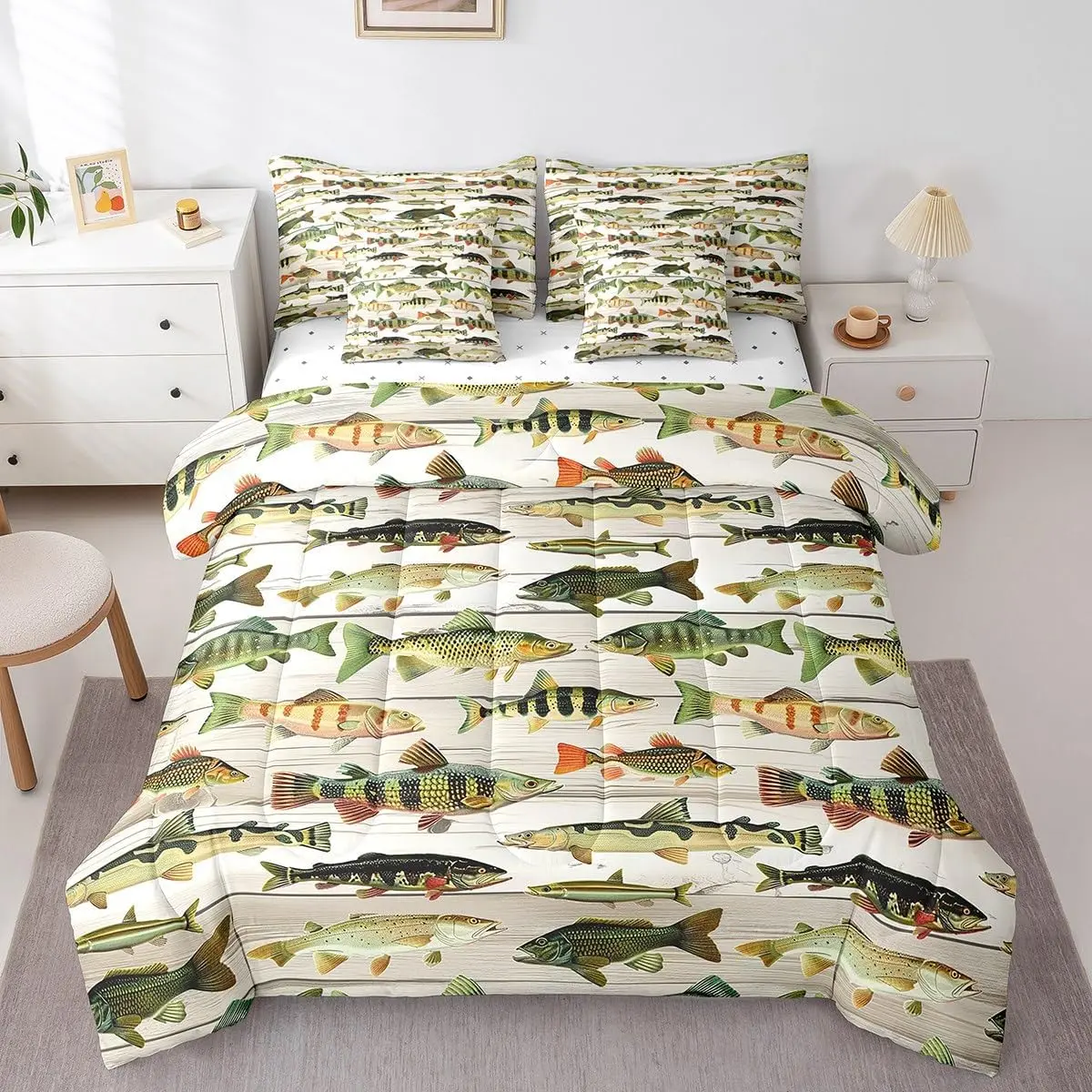 Feelyou 7-Piece Bass Fish Comforter Set with Sheets, Fish Design Bedding, Microfiber Material Beige Wood Plank Bed-in-a-Bag for Boys, Fish Motif Blanket