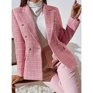 [Pink Plus Size Blazer] Romantic Pink Plus Size Elegant Tweed Double-Breasted Blazer with Pearl Buttons |   Long Sleeve, Non-Stretch Fabric, Lapel Collar, Perfect for Spring/Fall, Adult Women's Clothing