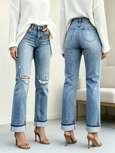 Women's Ripped Cuffed Jeans with Stretch Front and Button-Flap Pockets, Womenswear Bottom