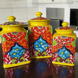 Handmade Talavera Floral Kitchen Canister Set - 3 Colorful Storage Jars - Vibrant Mexican Pottery