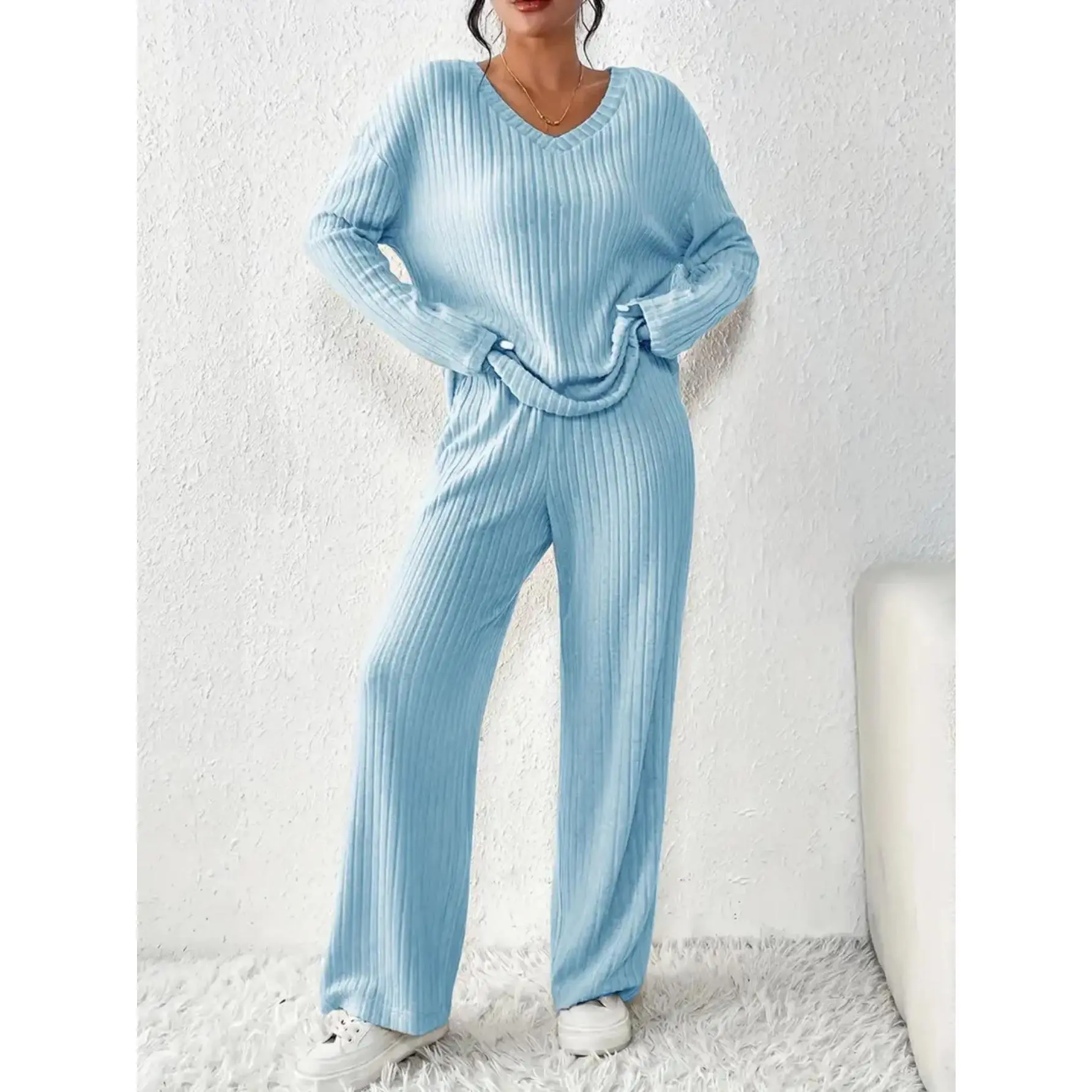 Women's 2-Piece Rib Knit Pajama Set, V-Neck Long Sleeve Pocketed Top and Straight Pants Loungewear Nightwear, Basic, Casual, Longsleeves