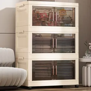 【Clearance/Fall Deals For You】KHNR Storage Bins with Lid, 69 Gal/270 Qt Collapsible Storage Box with Doors and Wheels, Closet Organizer and Storaging,3 Pack Stackable Storage Bins Open Front,Plastic Storage Box for Closet Clothes