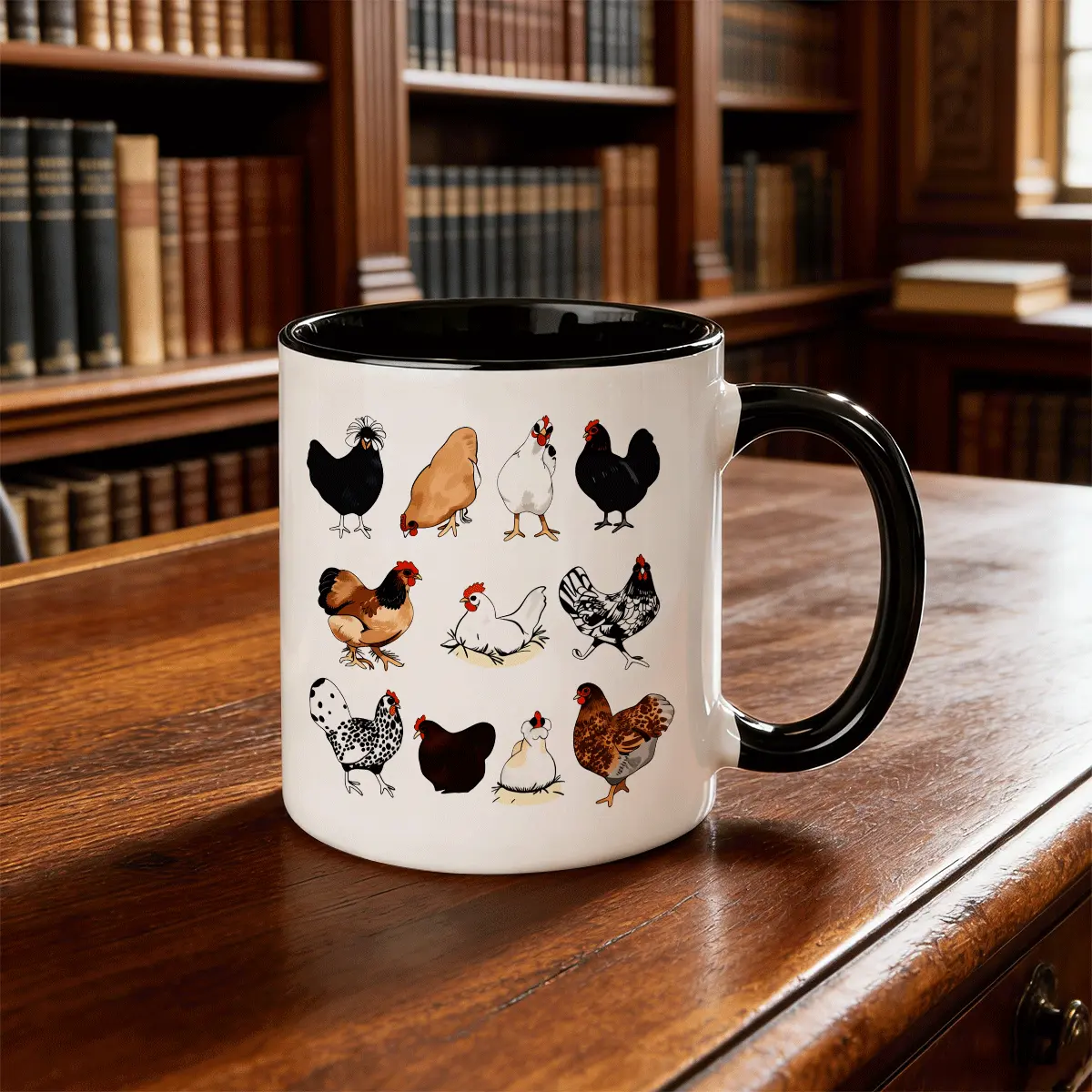 11oz Chicken Breeds Ceramic Coffee Mug with 12 Colorful Chicken Illustrations (Rhode Island Red, Leghorn, Orpington, Buff Orpington, White Leghorns, Black) - Farm Animal Design, Cute Chicken Art,