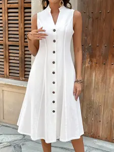Women's Elegant Aesthetic Summer Sleeveless V-Neck Commuter Button Dress, French Style Random Print, New Arrival 2026, Perfect for Office Wear