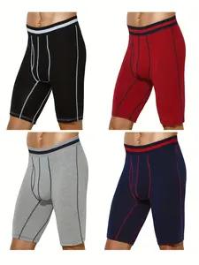 Men's 4-Piece Cotton Blend Long Leg Boxer Briefs - Moisture Wicking, Slimming Shape, Open Fly Pouch, Running Wear, Long Leg Cut, Sports Bottoms for Cycling