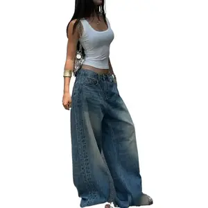 Vintage Blue Washed Straight-Leg Jeans For Women, American Design Loose Casual Wide-Leg Dragging Long Pants Denim Fit Womenswear Bottom