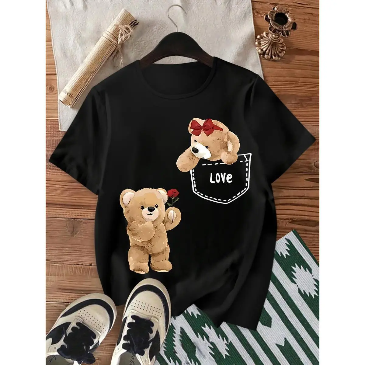 Women's Teddy Bear Graphic T-Shirt, Casual Short Sleeve Crew Neck Top in 100% Cotton with a Classic Fit for Summer, Check Size Chart, Machine Washable, Cartoon Style Women's T-Shirts, Flat, Fitted