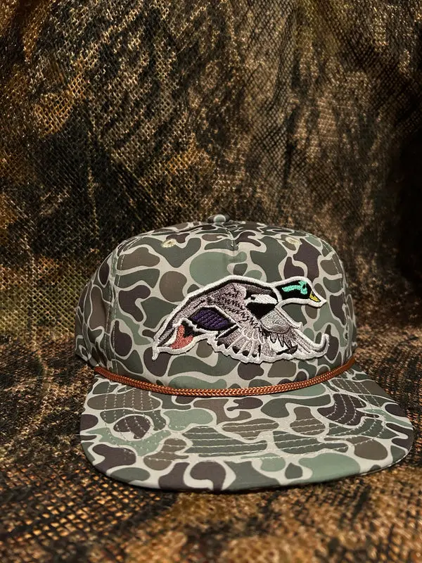 Mallard Duck Camo Rope Hat – Retro 2026 Snapback Trucker Cap | Upgraded Duck Hunting Hat with Outdoor Camo Aesthetic | Adjustable New Edition Rope Brim Hat