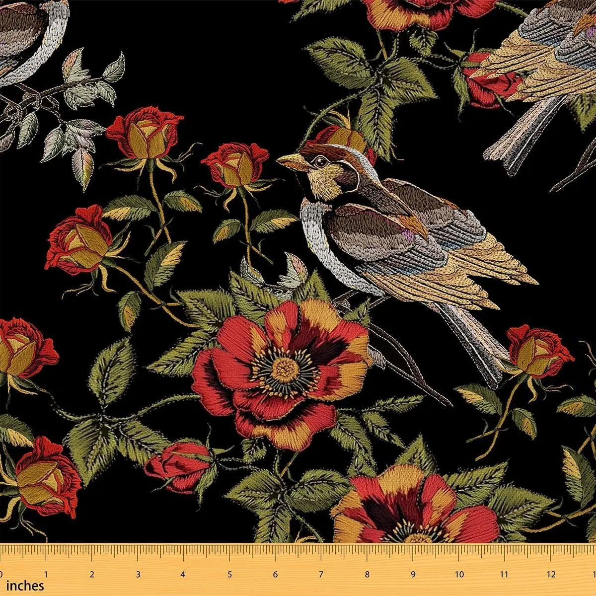Wild Birds Fabric Retro Red Poppy Rustic Style Fabric Sewing Lovers Cartoon Cute Wild Animals Natural Flowers Fabric DIY Soft Flannel Polyester No Stretch