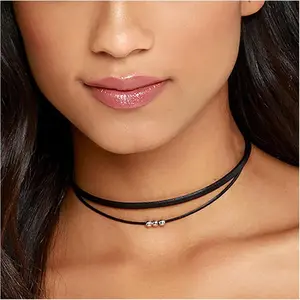 Boho layered leather rope necklace black leather cord choker necklace gothic leather suede necklace short black collar chain necklace jewelry for women girls