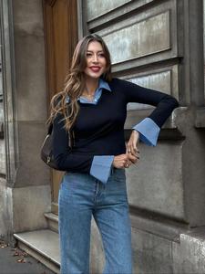 women's patchwork 2 in 1 blouse, casual fitted long sleeve collared top for spring & fall, women's clothing for daily wear
